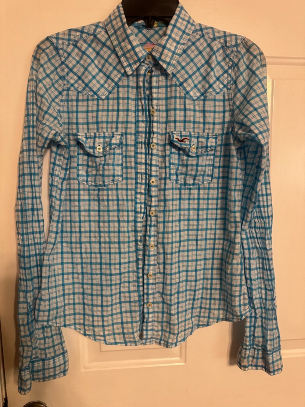 Vintage Hollister Light Blue and White Plaid Button-Down Shirt